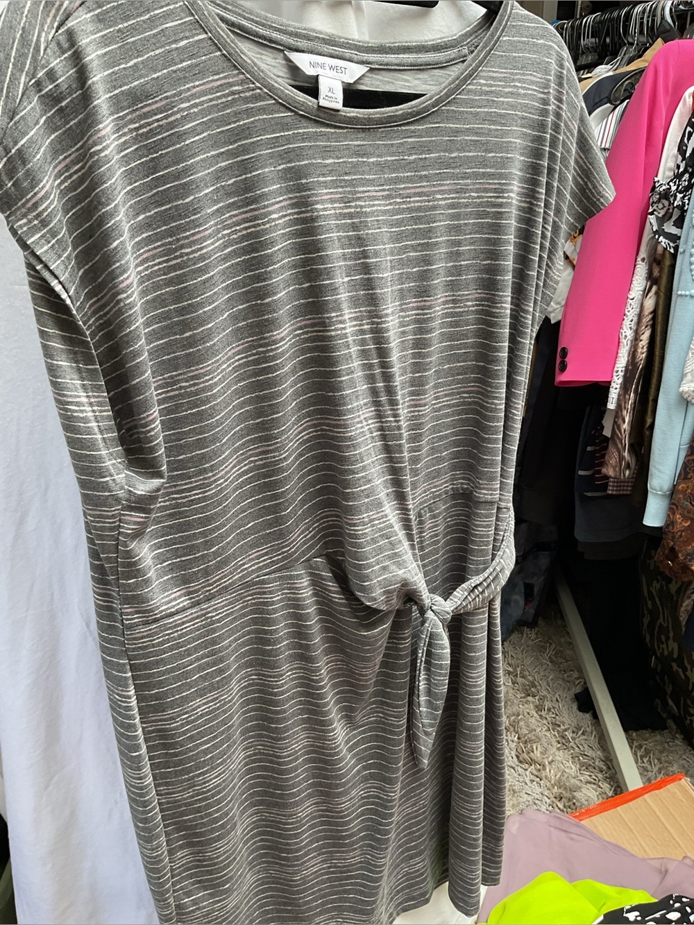 Nine West Gray and White Striped Tie-Waist Casual Dress